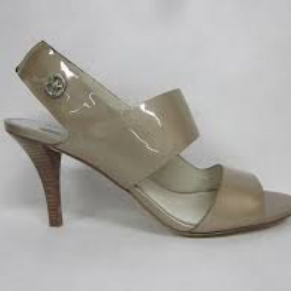 Michael Kors Rochelle Open Toe Taupe Pearlized heeled Patent Sandal -size 7. - Picture 2 of 9